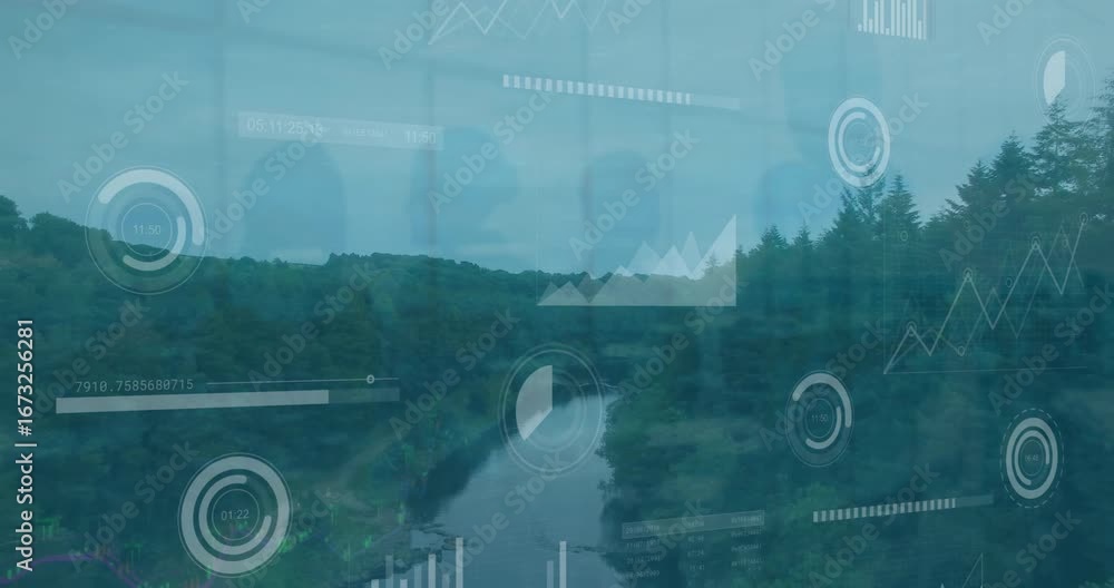 Poster animation of statistical data processing over aerial view of landscape with sea and forest