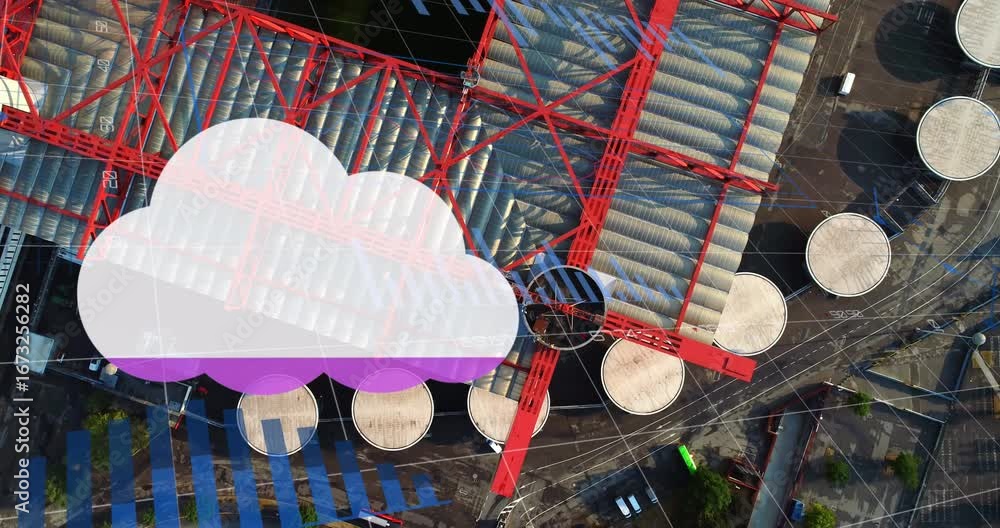 Poster animation of cloud symbol with increasing percentage, data processing and aerial view of factory