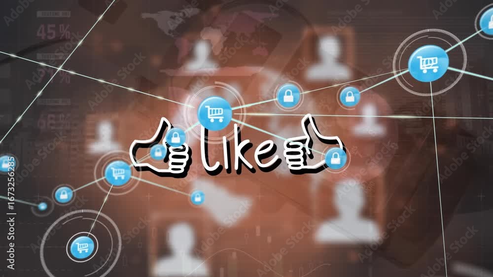 Aufkleber animation of network of digital icons and like text banner against statistical data processing