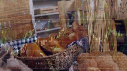 Animation of financial data processing over globe against close up of food items at a bakery - Powered by Adobe