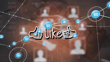 Animation of network of digital icons and like text banner against statistical data processing - Powered by Adobe