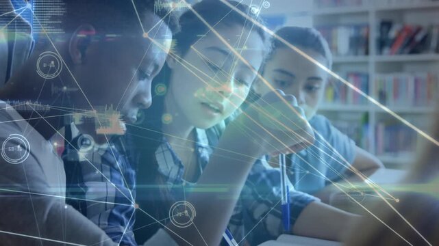 Kids using digital tablet in library at school 4k