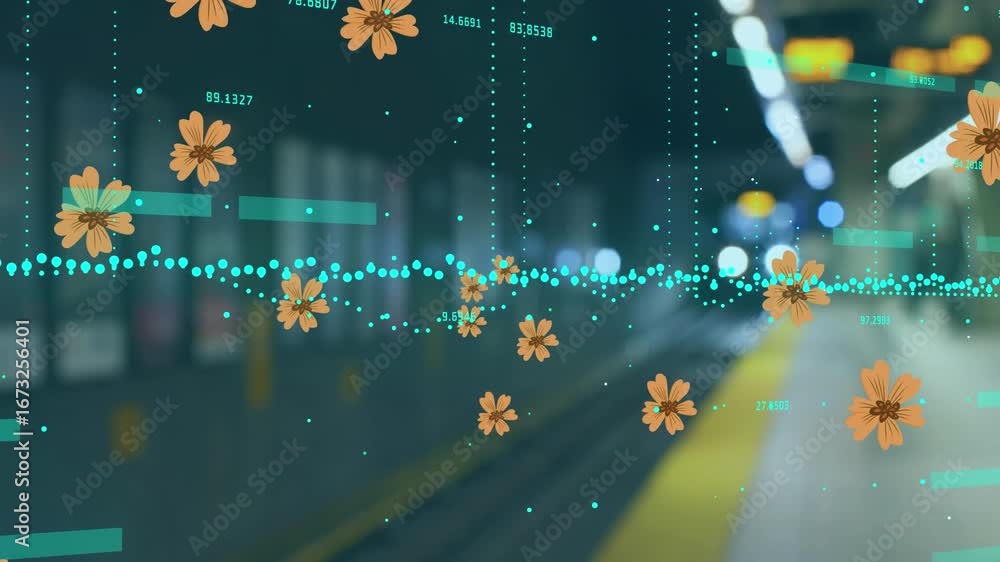 Poster animation of flowers and data processing over train station