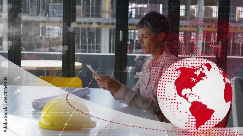Poster animation of data processing and globe icon over caucasian female architect using a digital tablet