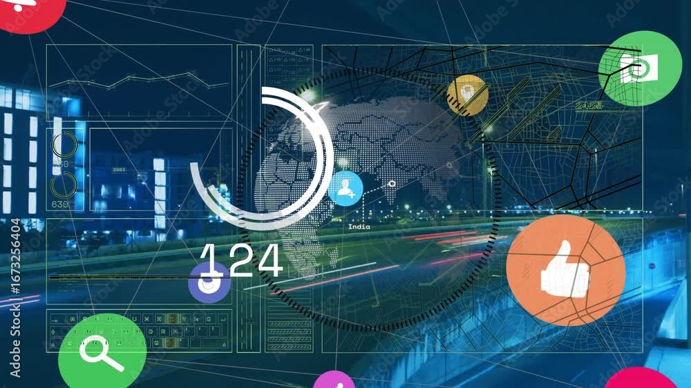 Poster animation of data processing and globe over transparent background