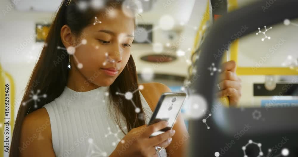 Poster animation of molecular structures floating over asian woman using smartphone in the bus