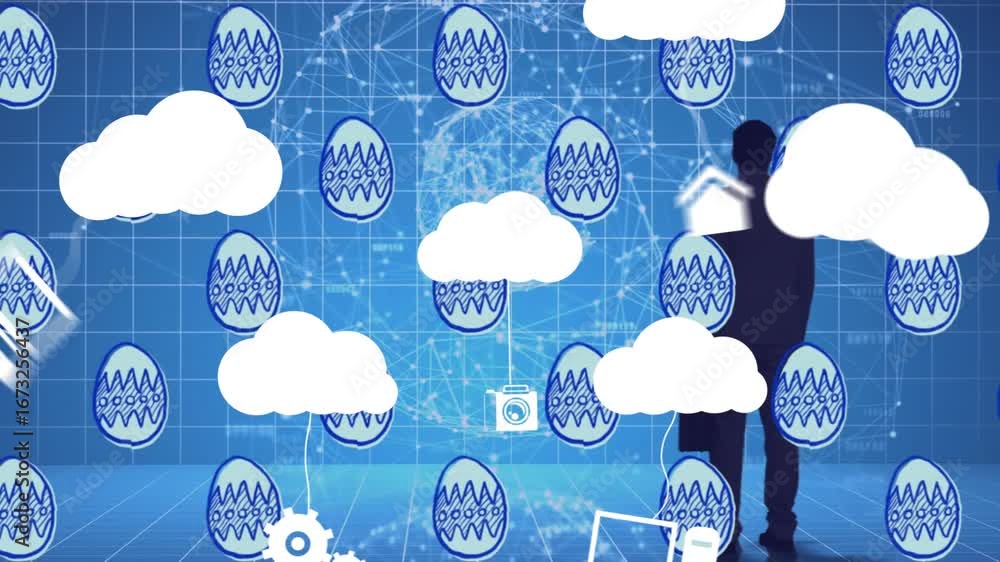 Poster animation of easter eggs, digital clouds with electronic devices over data processing