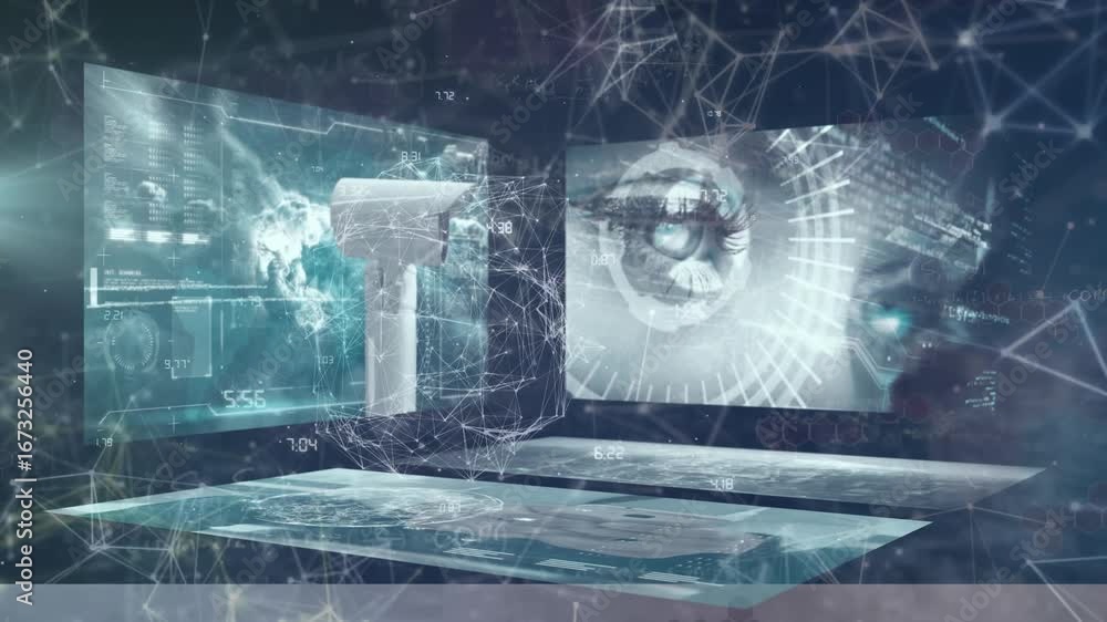 Poster animation of data processing over network of connections on black background
