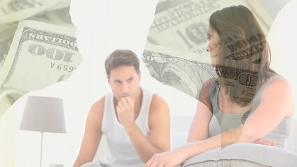 Animation of banknotes and shapes over caucasian couple talking - Powered by Adobe