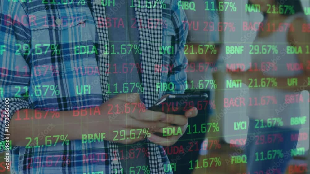 Poster animation of stock market data processing over mid section of man using smartphone