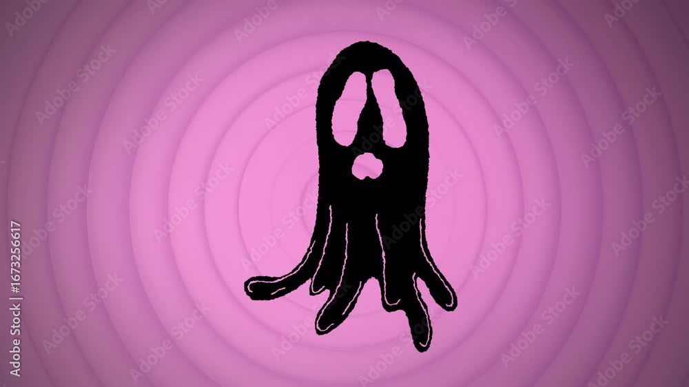 Poster animation of black ghost and circular patterns over purple background