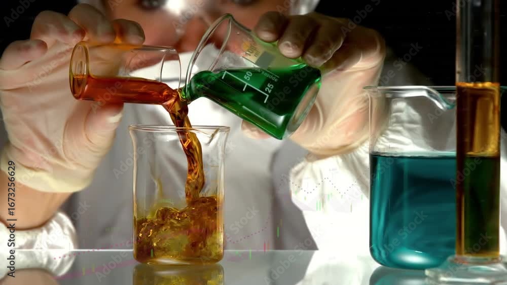 Poster animation of data processing over female scientist with laboratory beakers