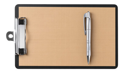 Clipboard pen silver metal office supply on neutral pad isolated on transparent background