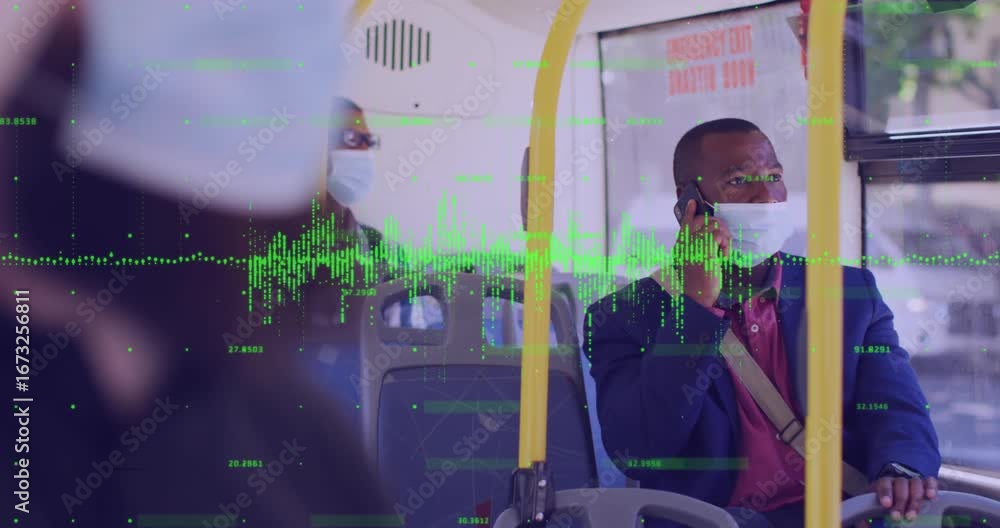 Aufkleber animation of financial data processing and people in face masks on bus