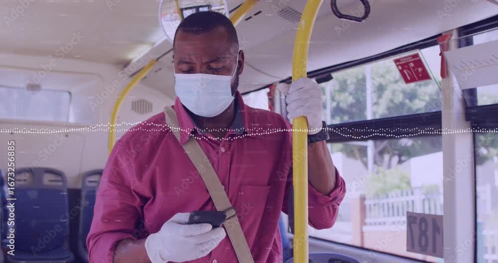 Aufkleber animation of financial data processing and man in face mask on bus