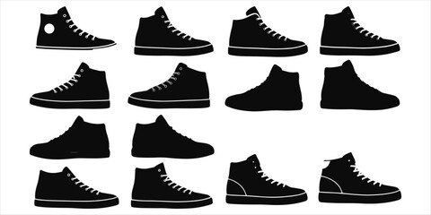 Collection of high-top sneaker silhouettes in various styles on white shoe footwear