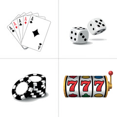 Casino gambling elements including playing cards dice poker chips and slot machine