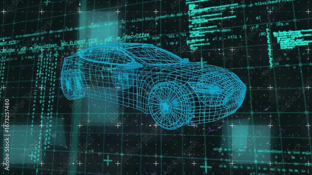 Aufkleber animation of 3d car model and data processing over grid