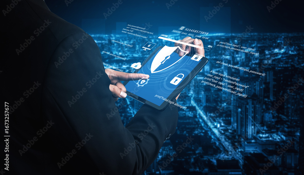 Poster cyber security protects against breaches, hacks, and network attacks using strong infrastructure and