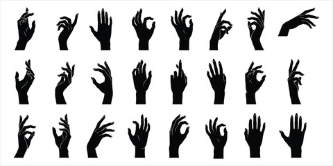 Collection of twenty-four black silhouette female hand gestures on a white background vector illustration