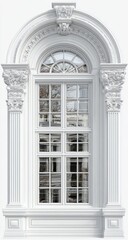 Ornate white arched window with detailed frame and glass panes