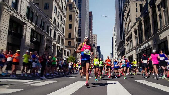 Dynamic low-angle video shot of marathon runners in vibrant gear, capturing urban energy and movement amidst towering city buildings.