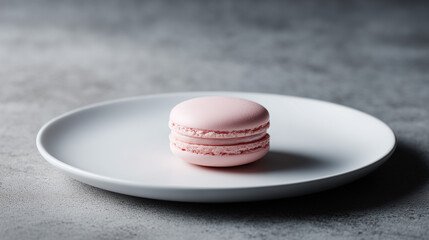 白いお皿に乗ったシンプルで上品なピンクのマカロンのクローズアップ