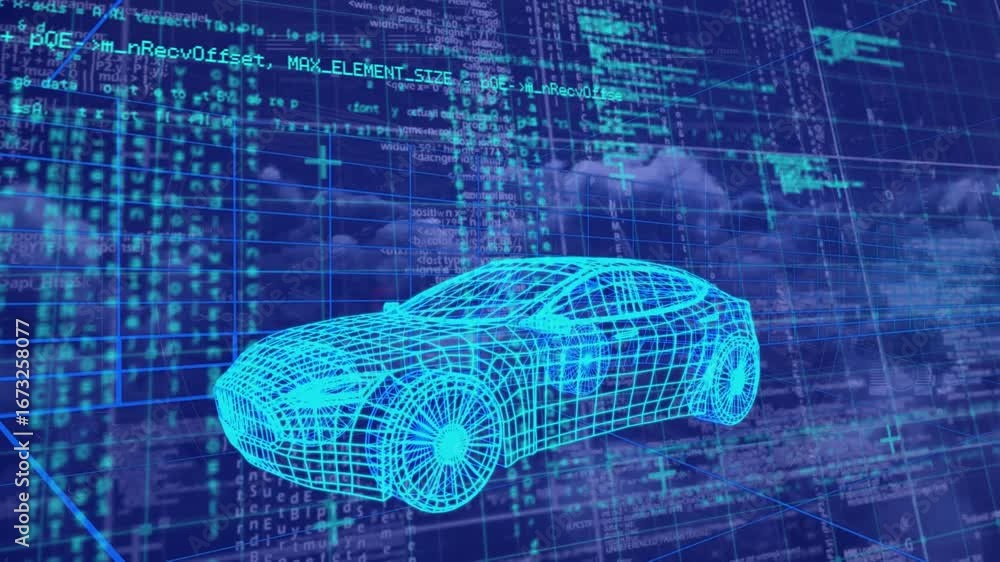 Aufkleber animation of 3d car model and data processing over grid