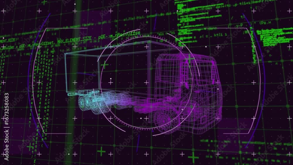 Aufkleber animation of 3d car model and data processing over grid