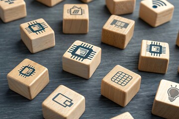 Assortment Of Wooden Cubes With Technology Icons Scattered On A Dark Surface image photo