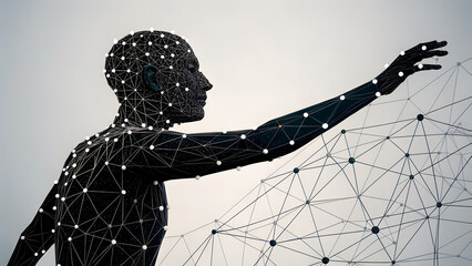 Futuristic human silhouette with digital network connections symbolizing artificial intelligence, data visualization, and global connectivity in modern technology.