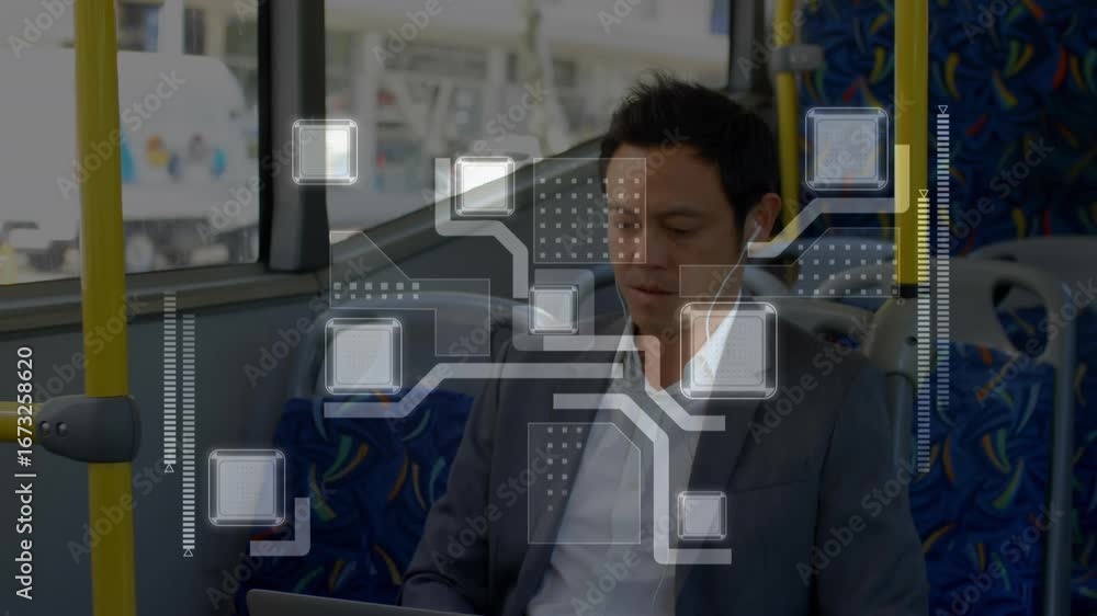 Aufkleber animation of connections and data processing over man using smartphone on bus