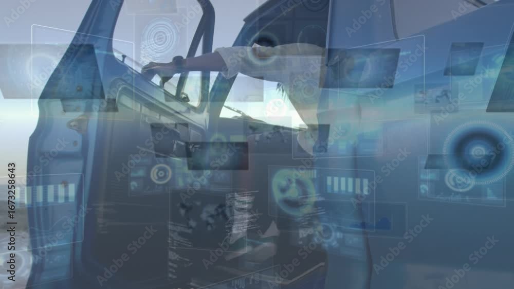 Aufkleber animation of data processing over man in car