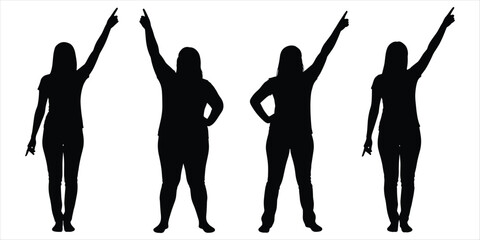 Four female silhouettes pointing upwards on a white background woman person