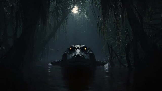 Alligator Revealing Sharp Teeth in Moonlit Swamp
