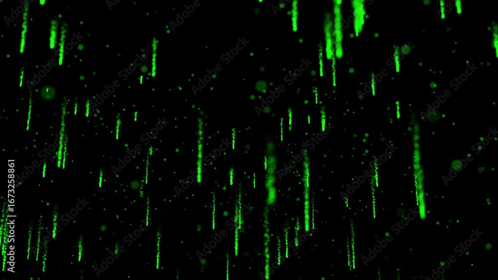 Poster abstract green particles rain down like digital matrix code or meteor shower on black background. te