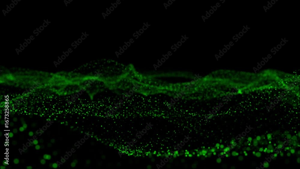 Poster abstract green particle waves on black background. glowing digital particles form undulating surface