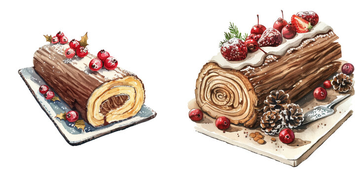 yule log cake watercolor vector illustration