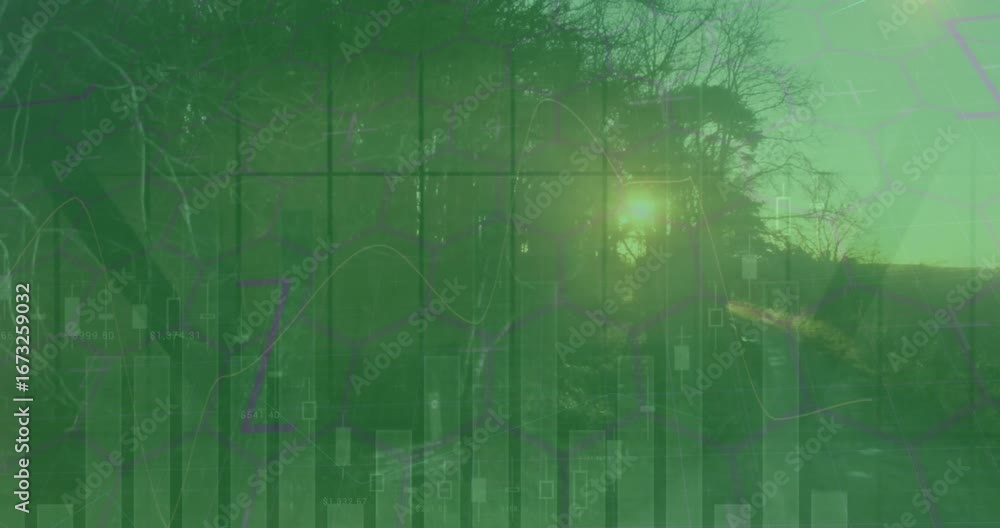 Poster animation of financial data processing over hexagons and landscape