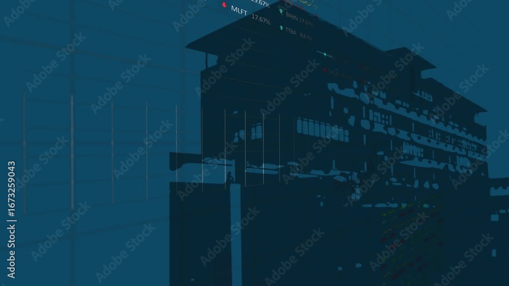 Poster animation of trading board and graphs with numbers over house structure on blue background