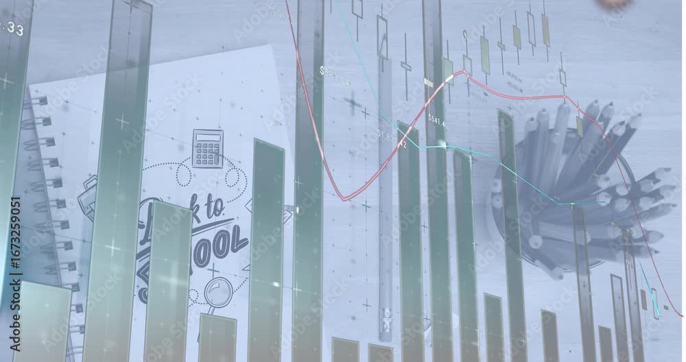 Poster animation of data processing over back to school text and school items