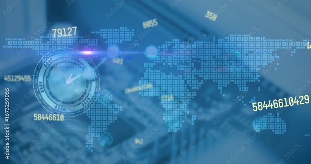 Poster animation of numbers, lens flare, digital clock and connected dots over map on abstract background