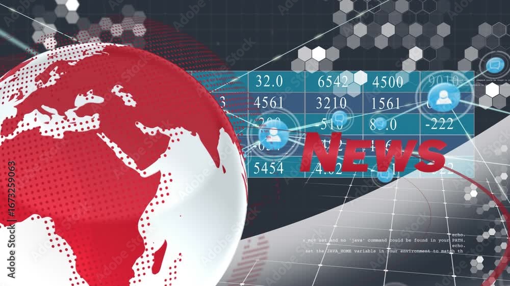 Poster animation of news text, globe, data processing and network of connections