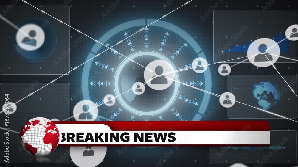 Aufkleber animation of breaking news text, globe, data processing and network of connections