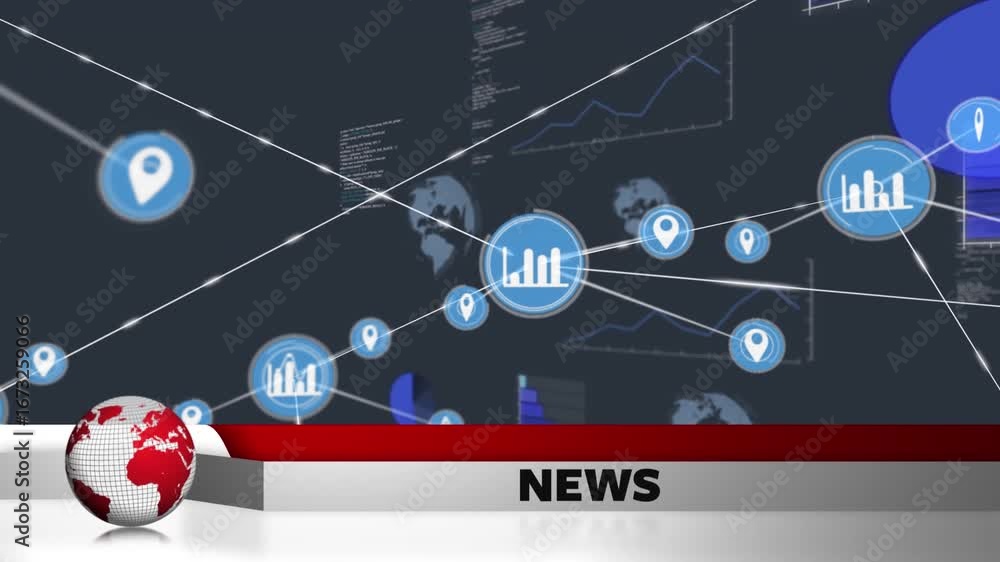 Poster animation of news text, globe, data processing and network of connections