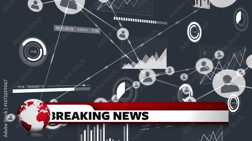 Poster animation of breaking news text, globe, data processing and network of connections
