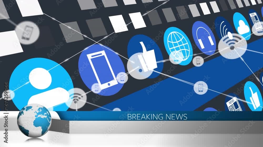 Poster animation of breaking news text, globe, data processing and network of connections