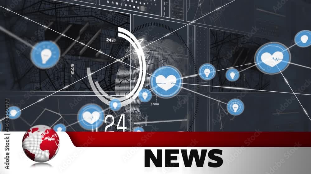 Poster animation of news text, globe, data processing and network of connections