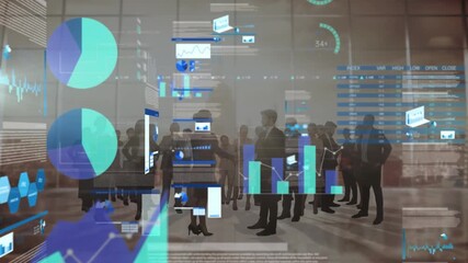 Animation of data processing over diverse business people - Powered by Adobe