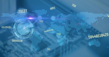 Animation of numbers, lens flare, digital clock and connected dots over map on abstract background - Powered by Adobe